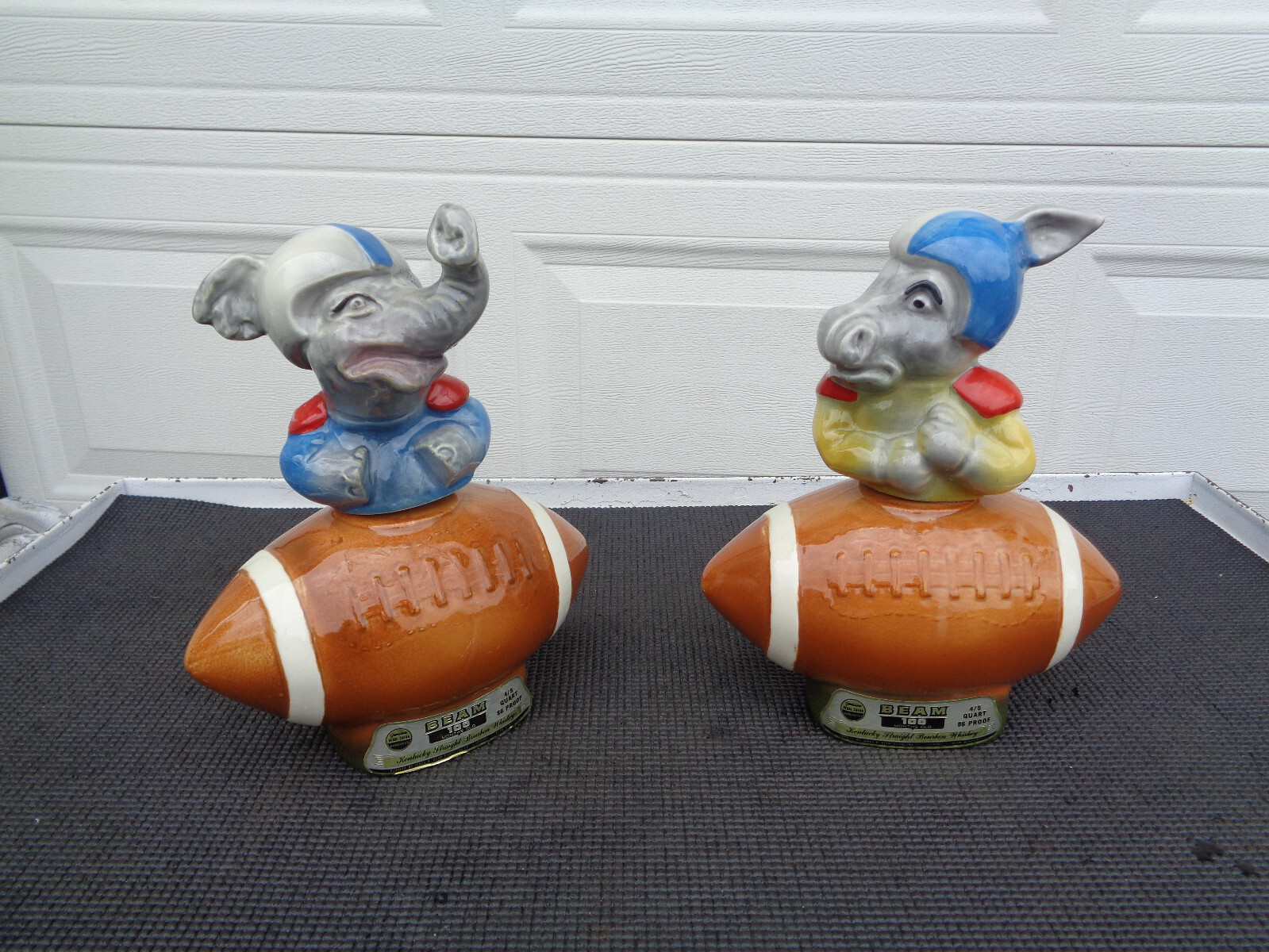 Vintage 1972 Jim Bean Republican Elephant & Democrat Donkey Football Decanters