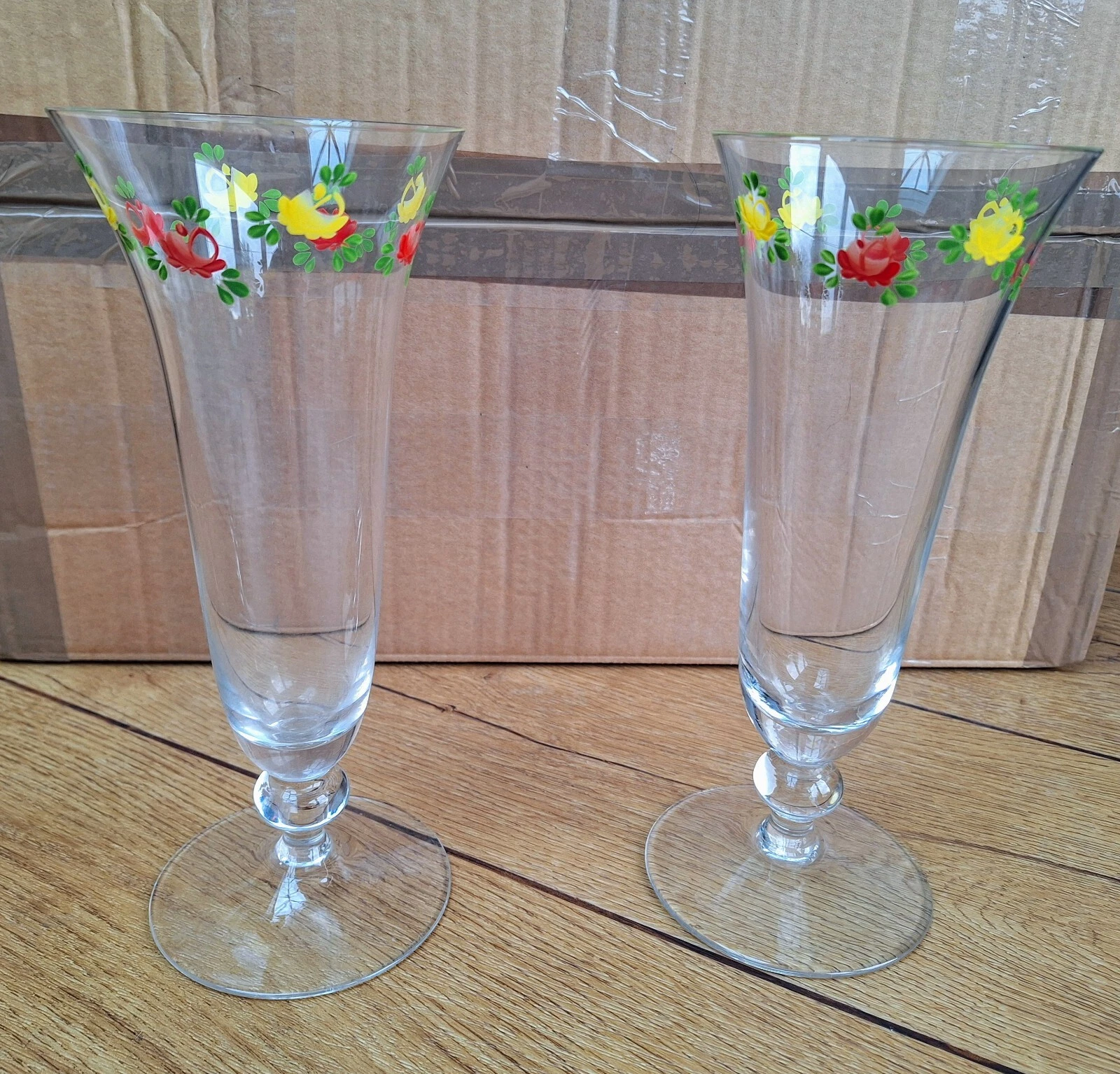 Pair Clear Glass Footed Vases With Hand Decorated Floral Decoration