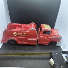 Vtg T.S. Municipal Fire Truck Pressed Steel Die Cast Metal Toy Made In USA
