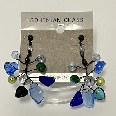 Bohemian Glass Leaf Shape Multicolor Beads Dangle Pierced Earrings Artisan Boho