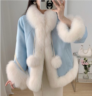 Women Fox Fur Trim Winter Coat Loose Thicken Casual Poncho Cloak Jacket Overcoat
