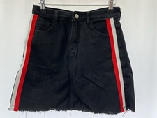 Black Cotton Denim Mini Skirt Size 8 A-Line Side Strip