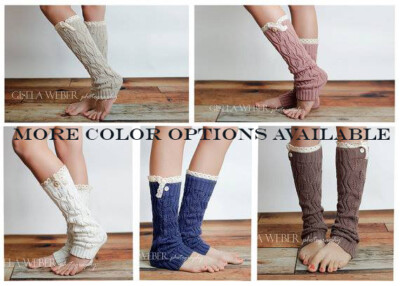 Women Lace Trim Crochet Knee High Button Leg Warmers Socks Boot Knit Trim