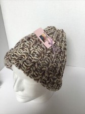 Winter Beanie Ski Hat, Beige Tan, Brim, NWT, HandKnit, Soft and Warm