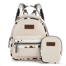 Wrangler Tan Mini Backpack with Cow Print Trim & Detachable Coin Pouch Tan
