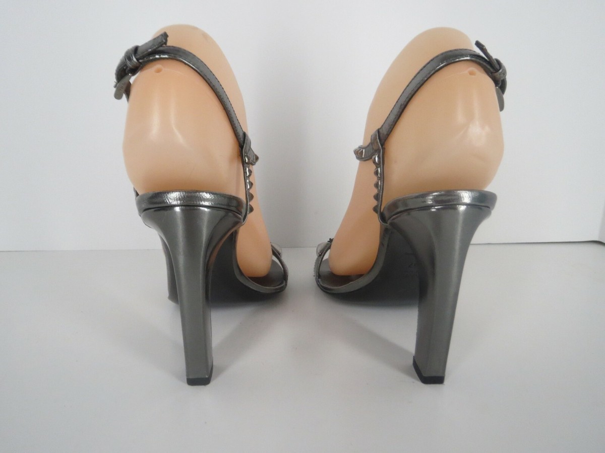 Prada Heels Sandal Sz 7 37 Silver Patent Leather Studded Jewel T