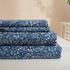 Blue Floral Queen Sheet Set - Soft Cooling Bedding with Deep Pockets, 4 Pieces