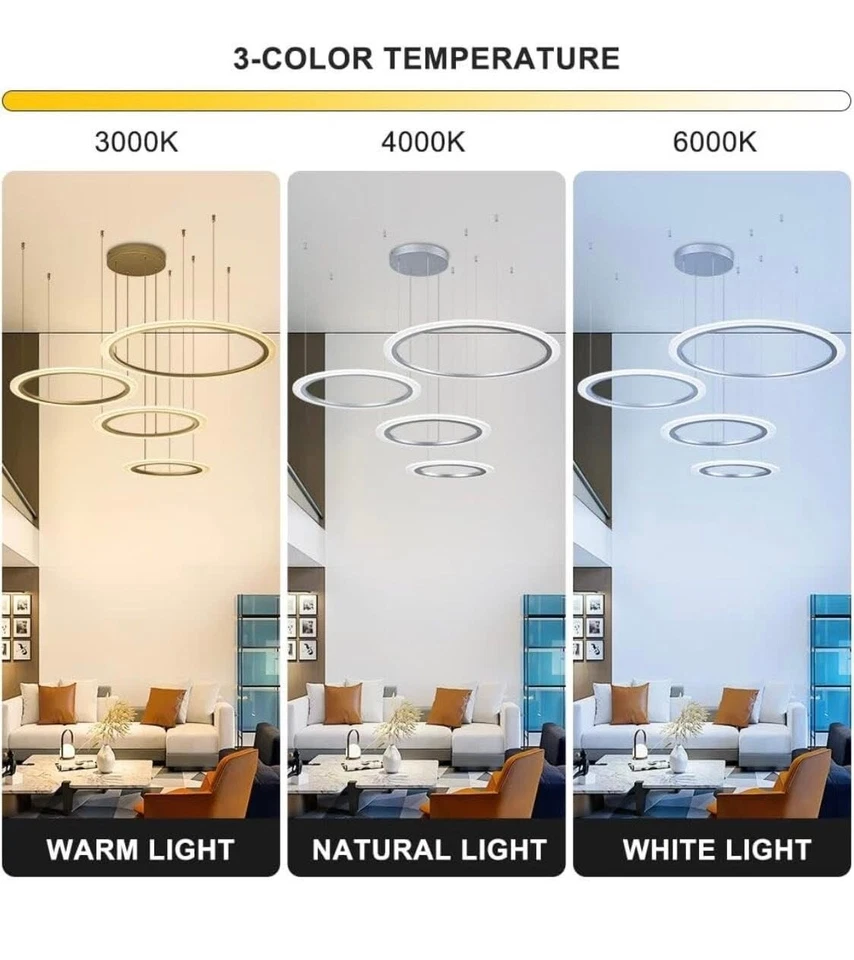 4 Anillos Plata Moderno Redondo Colgante Luz Moderna Lámparas Regulables LED Foto 4 de 4