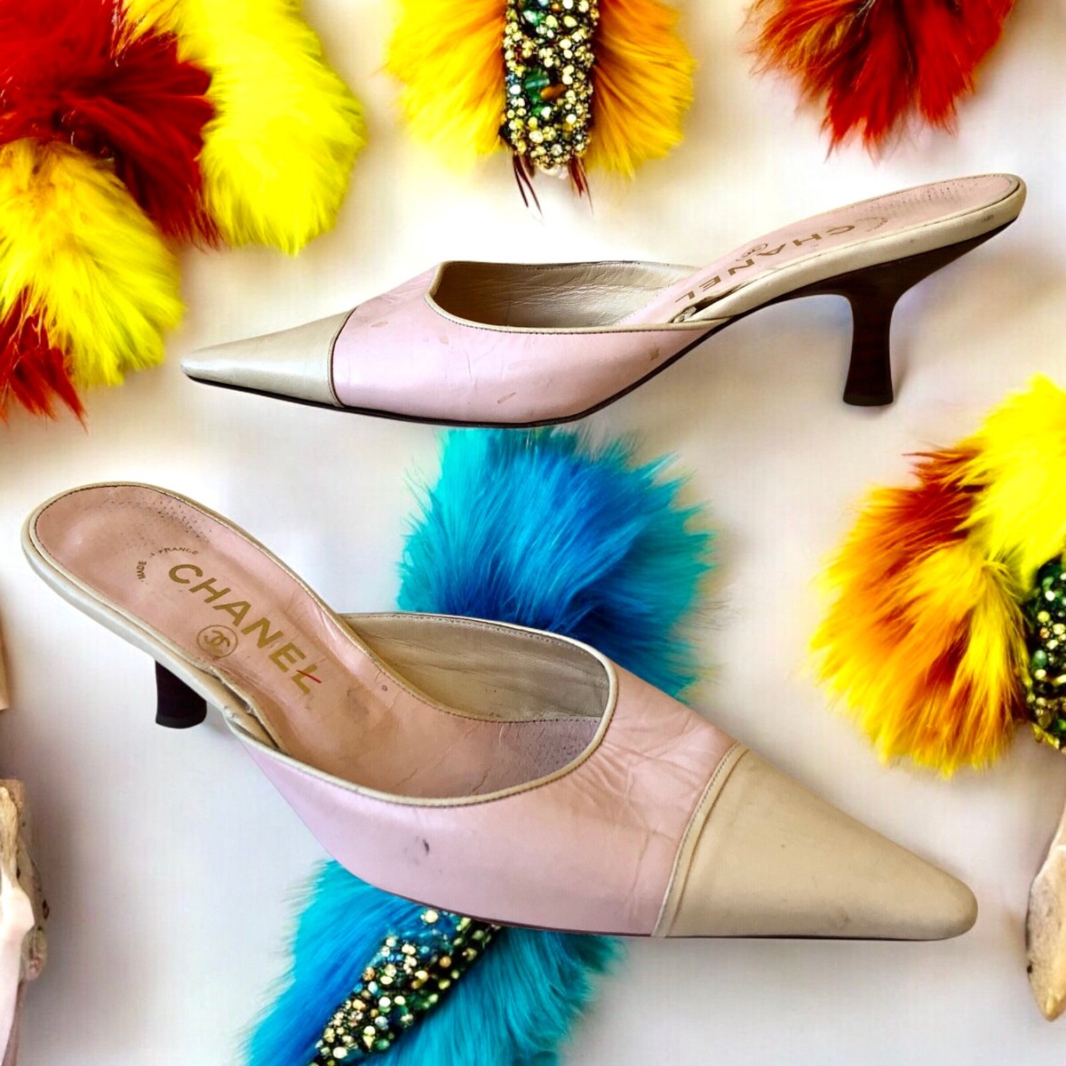 CHANEL Vintage Pump Kitten Heels Pink Cream Mule Snip Toe Womens