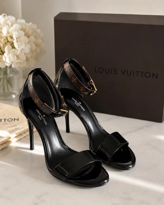 Louis Vuitton Call Back Sandals Black Patent Leather Monogram Heels EU 38 With B - Photo 1/4