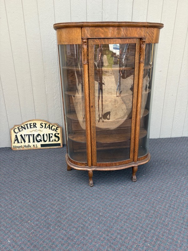 67718 Antique Victorian  Oak Lion Head China Cabinet with Curved Glass Doors