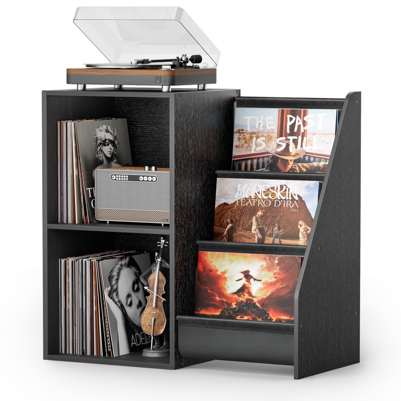 Vintage Turntable Stand with Vinyl Storage - Wooden Record Player Cabinet for LP Display-image