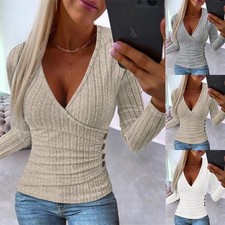 Womens Ribbed V Neck Wrap Tops Ladies Slim Long Sleeve Pullover T Shirt Blouse