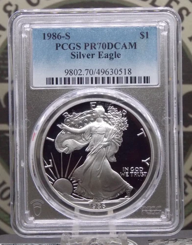 1986 "S" PROOF American *SILVER* Eagle $1 PCGS PR70 DCAM #518 ECC&C, Inc.