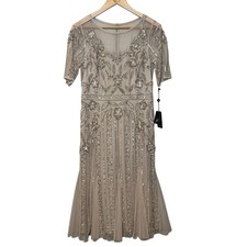Adrianna Papell Dress Beaded Tea Length Sequin Mother of Bride Biscotti Size 10