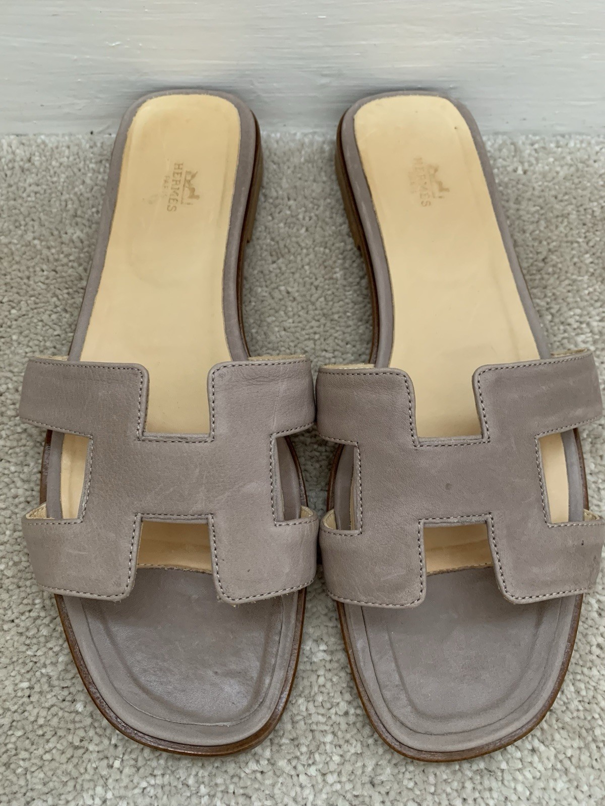 HERMÈS Oran Etoupe Taupe Grey H Leather Sandals Mules Size 40