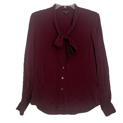 Brooks Brothers Blouse Silk Blend Georgette Bow Women s Sz 2 Maroon Long Sleeve