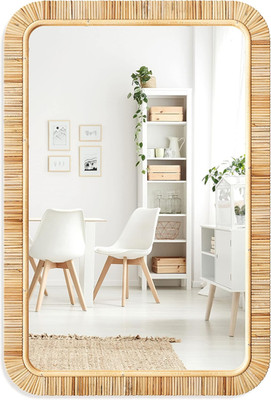Rectangular Rattan Wall Mirror, Natural Tan Woven Rattan Frame, Indoor Decorativ