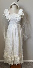 Vtg 70s Ivory Wedding Dress Prairie Cottage Core Peasant Bonnet Hat Veil Eyelet