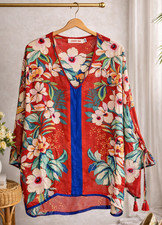 Johnny Was 100 Silk Blouse Red Floral Boho Tunic Top Size L Oversized