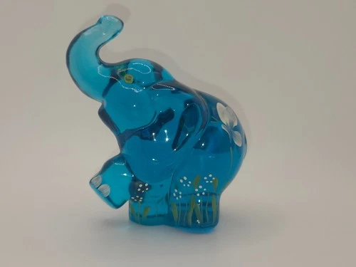 Fenton Art Glass Blue Hand Painted Floral Trunk Up Elephant Signed  Figurine