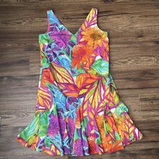 Ralph Lauren Purple Orange Teal Floral Flounce Hem V Neck Back Dress 6 Tropical