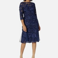 Alex Evenings Navy Sz 6 Embroidered Midi Dress 3/4 Illusion Sleeves Wedding