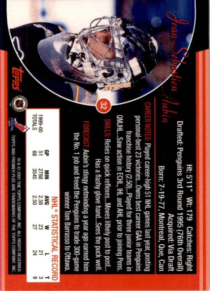 2000-01 Topps Premier Plus Jean-Sebastien Aubin Pittsburgh Penguins #32 - Image 2 of 2