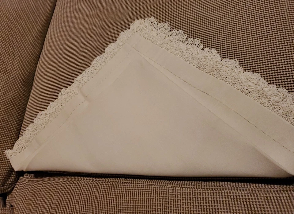 Vintage White Linen 34" Square Tablecloth Topper Rose Scalloped Hand Made Lace  - Image 2 of 4