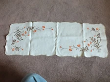 Beautiful Handmade Embroider Table Linen Runner  Ecru  Brown Org Floral 40 x 14"