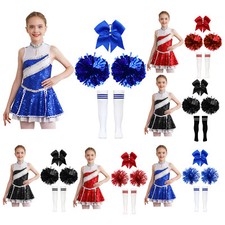 Girls Shiny Sequins Cheerleading Dance Dresses Pom Poms Hair Tie Stockings Sets