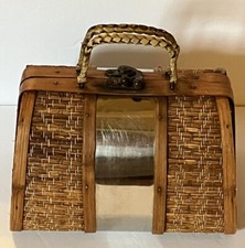 Vintage Wood Weave / Metal Barrel Purse 7.5 x 5 Inches