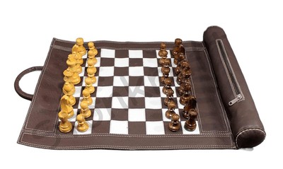 19'' x 15'' Roll-Up Leather Chess Set ( Board Size 12'' x 12'') Wooden Chess Pieces