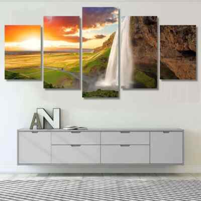 Seljalandsfoss Waterfall Iceland Sunset Landscape 5 Piece Panel Canvas ...