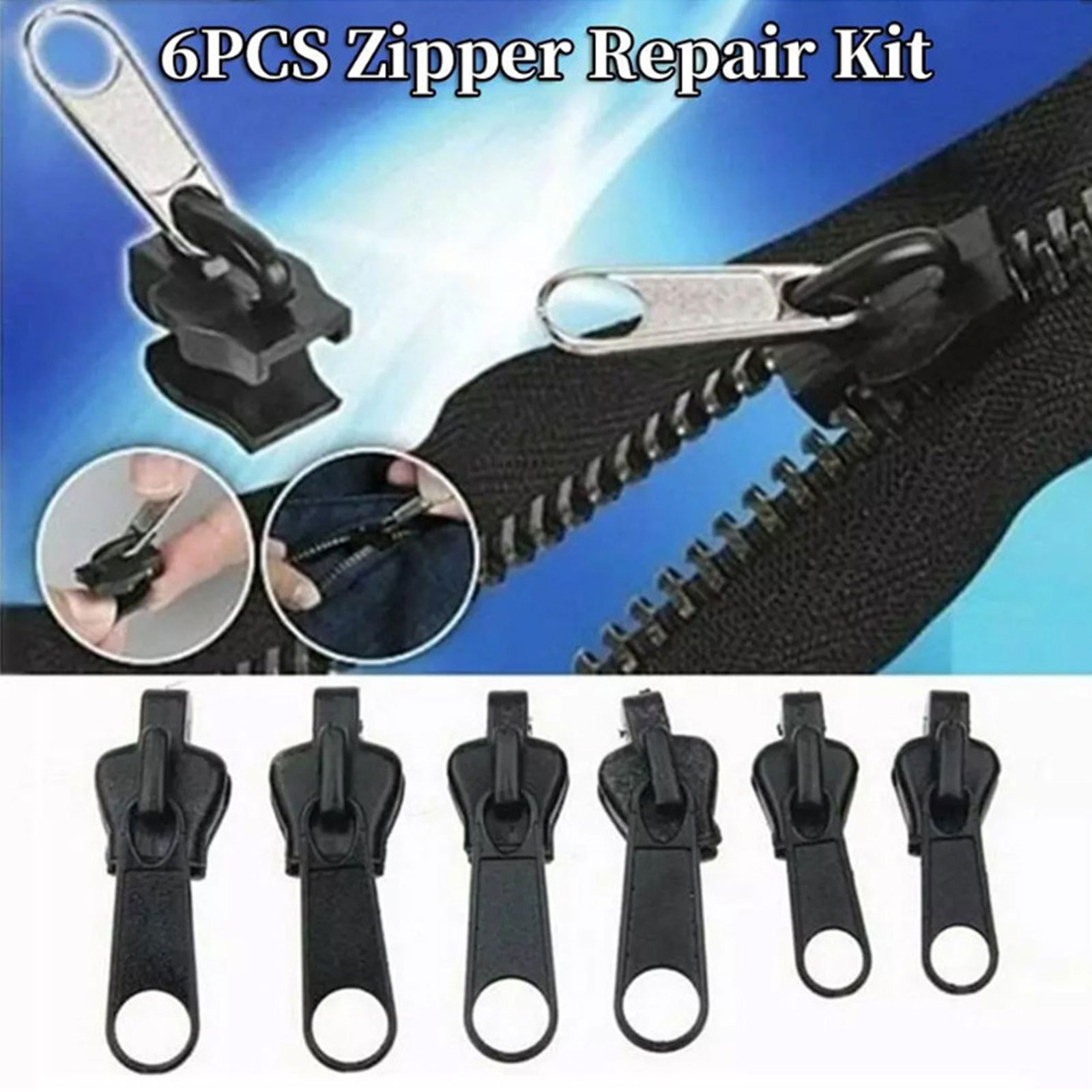 6* Zipper Fixer Repair Pull Tab Instant Kits Bags Replacement Molded Slider Fix