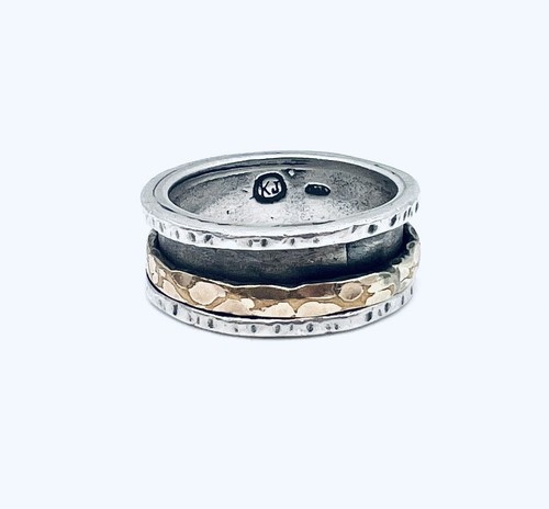 Vintage Designer KJ Hammered Oxidized Sterling Silver Gold Filled Spinner Ring