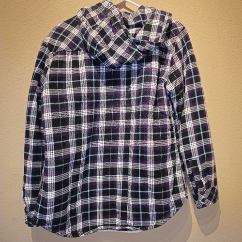 Boston Traders Plaid Button Down Hooded Fleece Flannel Size Medium Purple Black - Bild 2 von 5