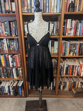 Vtg BETSEY JOHNSON Black L ACCORDION Chiffon BABYDOLL Negilee Chemise Pink Bows