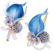 2 PCS Blue Boutonniere, Corsage Wristlet Set, Artificial Flowers, Wedding, Prom