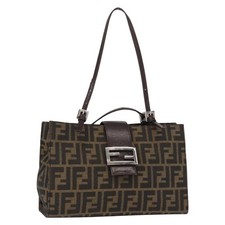 FENDI Zucca Canvas Mamma Baguette Shoulder Bag Black Brown Silver Auth 154739