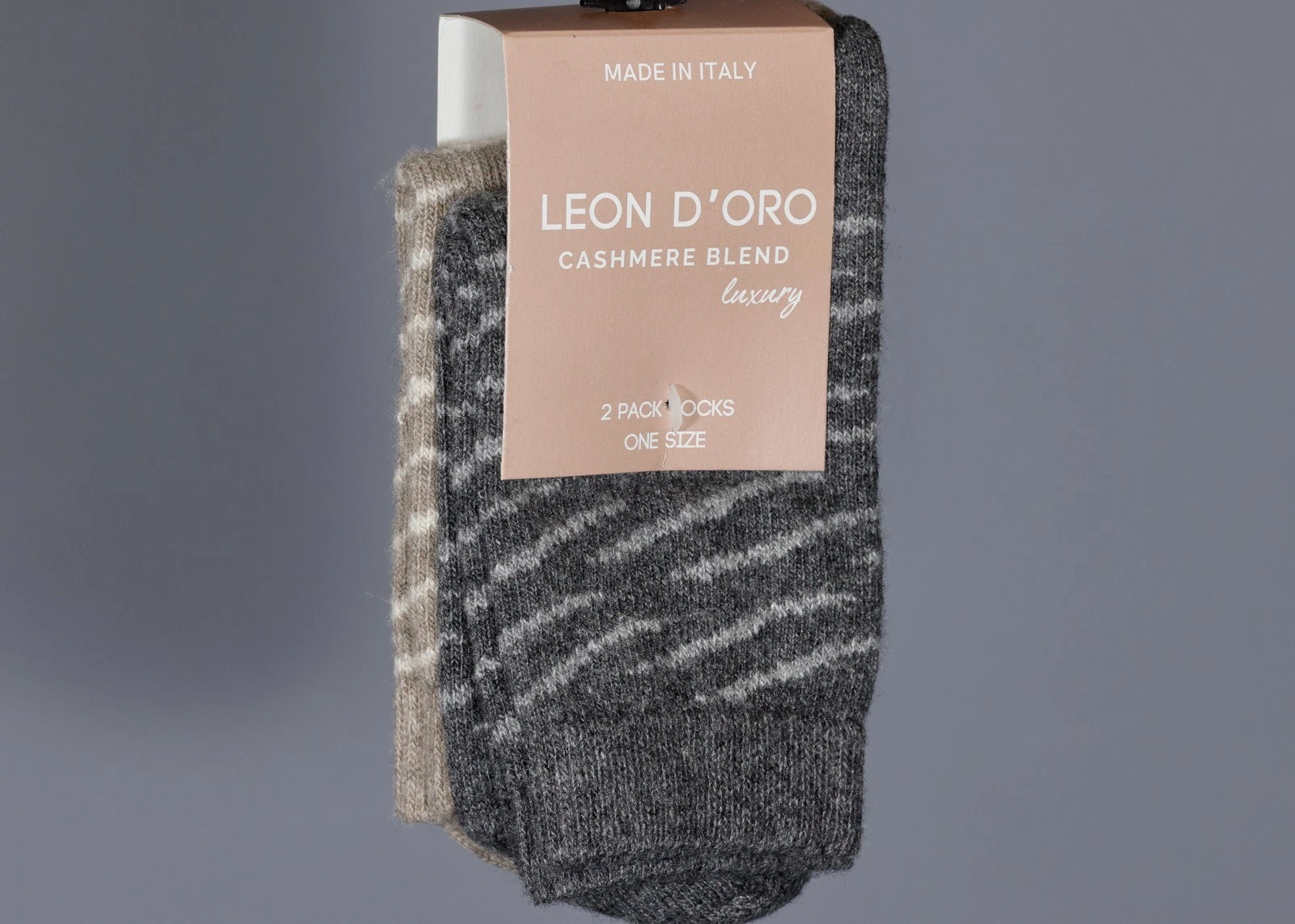 2 Pack LEON D'ORO DARK GREY & BEIGE STRIPE Cashmere Blend Luxury Socks One Size