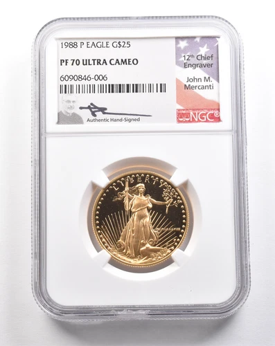 1988-P $25 American Gold Eagle Mercanti 1/2 Oz Gold PF70 UCAM NGC *5439