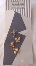 4 Neiman Marcus Vtg Pins Gold Metal Crystal Lapel Pins Hummingbird Owl Butterf