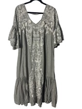 Anthropologie Maeve Tisdale Embroidered Boho Tassel Midi Dress in grey size 2