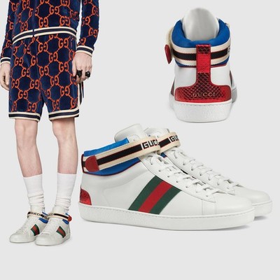 GUCCI SNEAKERS MENS ACE LOGO STRIPE WEB SNAKE BACK HITOP SHOES $730 6.5G US 7