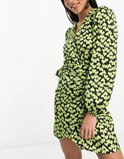 New Look heart print wrap mini dress yellow Uk8