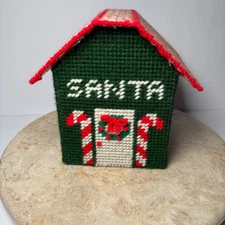 Handmade Plastic Canvas Santa House Christmas Decor 3D Needlepoint Vtg Village