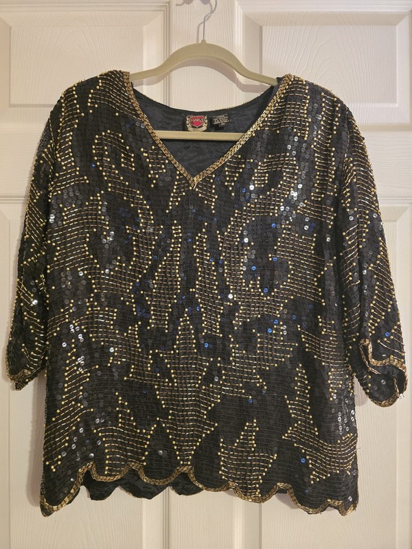 Vtg PEARLS Beaded & Sequins Top Womens Sz 16 Black