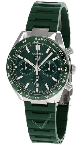 Tag Heuer Carrera Chronograph 44mm Green Dial Rubber Men's Watch CBN2A1N.FT6238