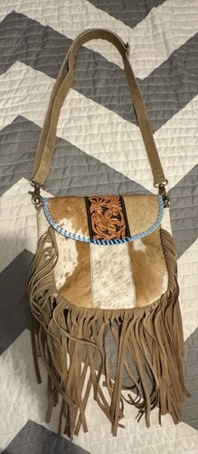 Leather Crossbody Bag W/Hsir On Cowhide Teal Lacing & Fringe NEW - Picture 14 of 14